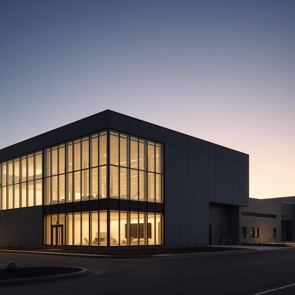 Stellar Displays engineering headquarters and cleanroom manufacturing facility at dusk